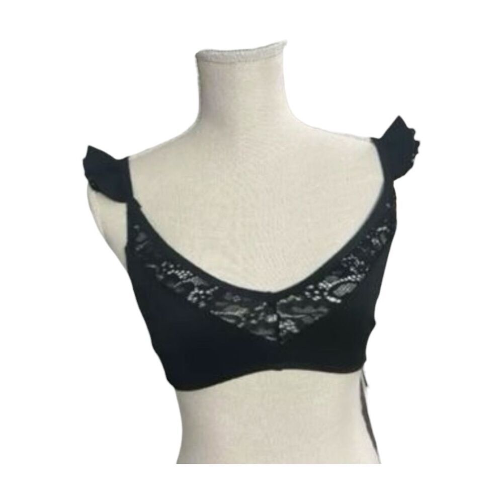 ASOS Black Floral Lace Bikini Top Size 4 Ruffle Strap Vneck Beach Swimwear